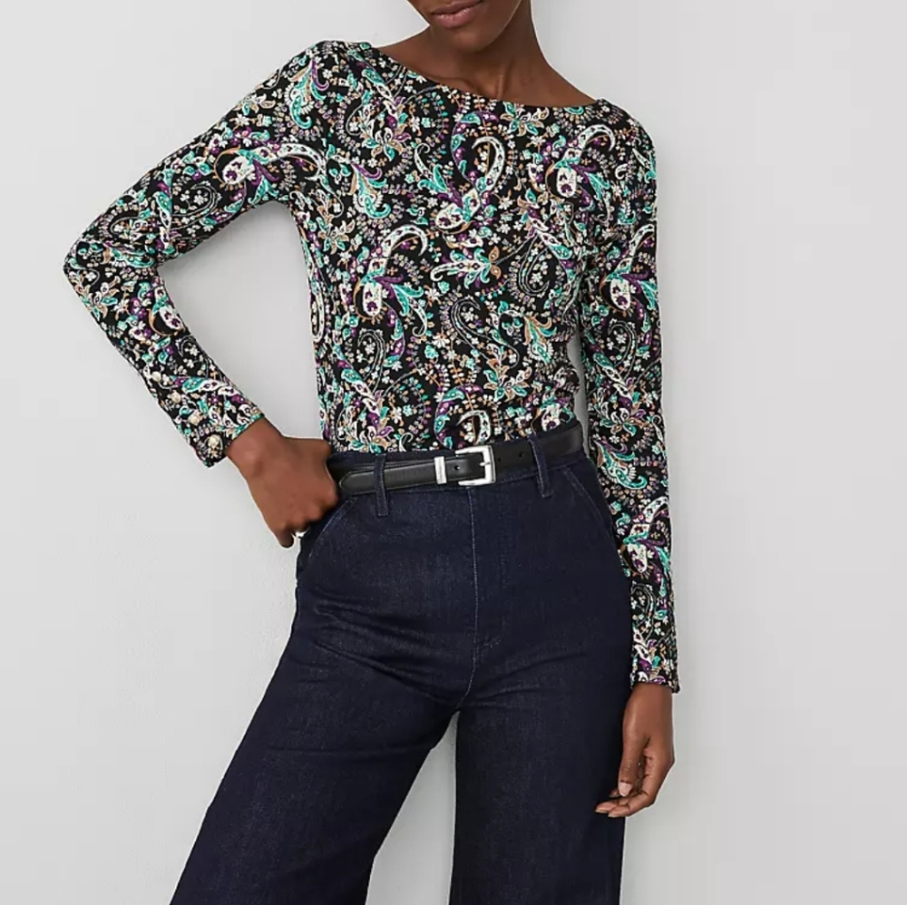 Ann Taylor Longsleeve Paisley Button Cuff Top Size Large